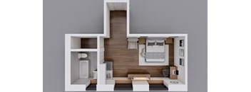 A modern, minimalist bedroom with a bed, nightstand, and a desk.