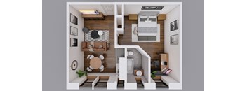 A 3D rendered image of a modern apartment interior.