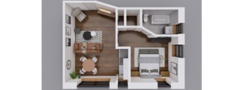 A top-down view of a small apartment with a living room, kitchen, and bedroom.