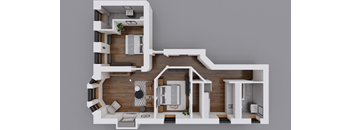 A top-down view of a modern apartment layout with a living room, kitchen, dining area, and bedrooms.