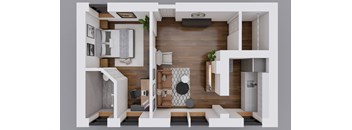 A 3D floor plan of a small apartment with a living room, kitchen, and bedroom.