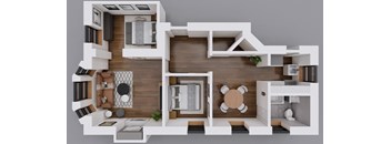 A 3D rendered image of a modern house layout.