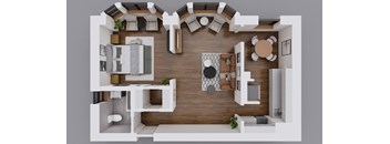 A top-down view of a modern apartment layout with a kitchen, living room, and dining area.
