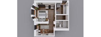 A top-down view of a modern apartment layout with a living room, kitchen, and bedrooms.