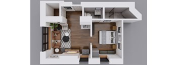 A 3D rendered image of a modern apartment layout.