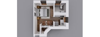 A modern apartment layout with a living area, kitchen, and bedroom.