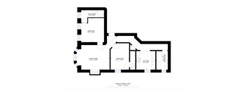 A floor plan of a house with a living room, two bedrooms, a bathroom, and a kitchen.