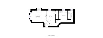 A black and white image of a floor plan for a home with a living room, kitchen, and bedroom.