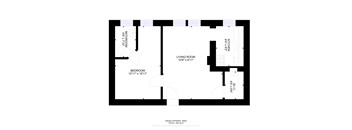 A floor plan of a house with a living room, kitchen, and two bedrooms.