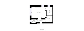 A floor plan of a small apartment with a living area, kitchen, and bathroom.