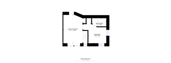 A floor plan of a small apartment with a living/kitchen area, bathroom, and bedroom.