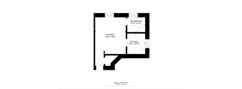 A floor plan of a studio apartment with a bathroom, kitchen, and studio space.