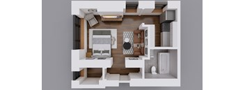 A modern, minimalist interior design of a small apartment with a kitchen, living room, and bathroom.