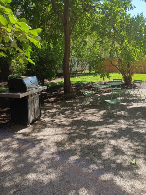 A backyard with a grill and a tree.