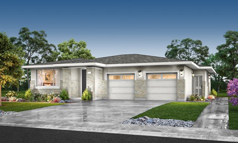 A modern house with a grey roof and white walls, surrounded by a well-manicured lawn and trees.