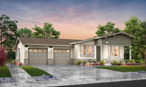A house with a grey roof and two garages.