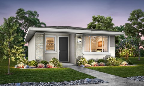 A modern house with a grey roof and white walls is surrounded by a garden with a variety of plants and trees.