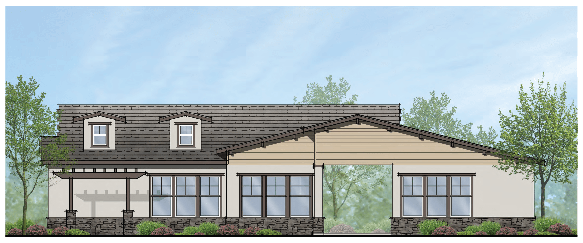 A two-story house with a beige and brown exterior and a black roof.