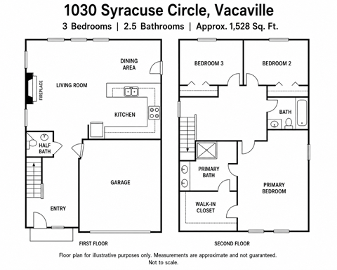 A floor plan for a two-story home with a living room, dining area, kitchen, half bath, garage, and two bedrooms.