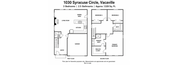 A floor plan for a two-story home with a living room, dining area, kitchen, half bath, garage, and two bedrooms.