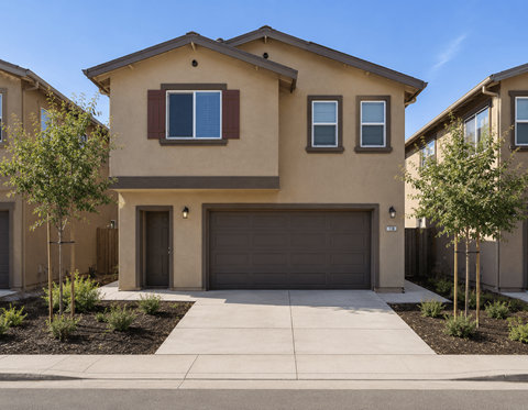 A beige house with a brown garage door and a small window above it.