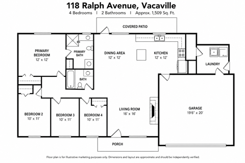 Floor plan for a 4 bedroom, 2 bathroom apartment.