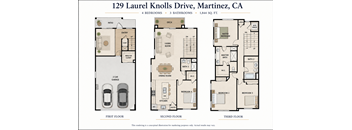 A floor plan for a Martinez, CA property shows three floors with bedrooms, bathrooms, a living room, a dining room, a kitchen, and a garage.