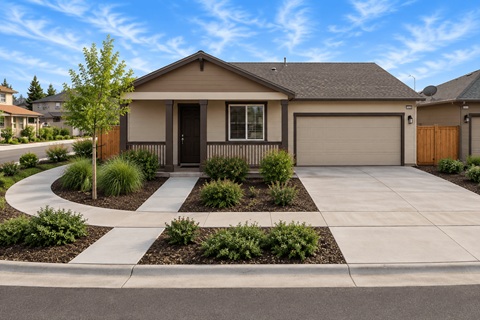 A house with a brown garage door and a driveway with a white border.
