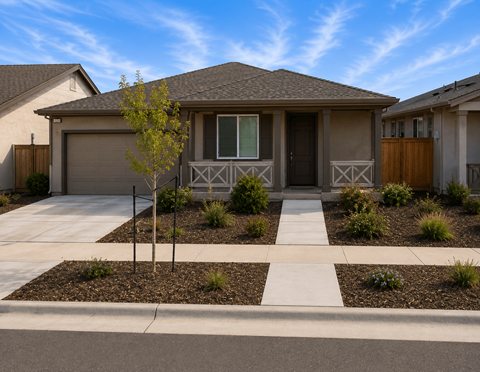 A house with a brown roof and a white garage door.