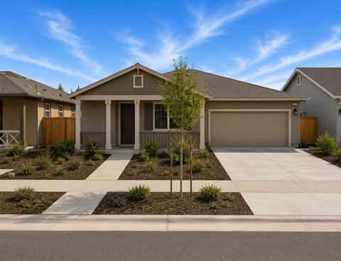 A house with a brown garage door and a tree in front.