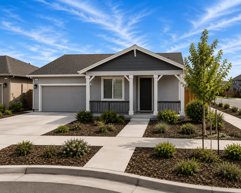 A modern house with a grey front yard and a tree.