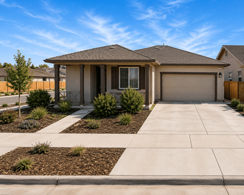 A house with a brown roof and a grey garage door.
