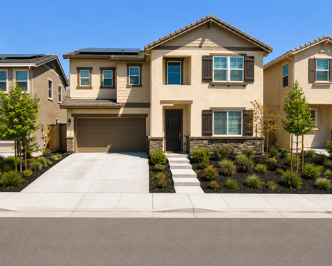 A row of houses with a driveway in front.