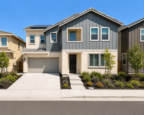A modern house with a grey roof and a black garage door.
