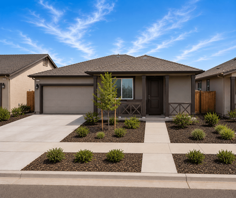 A house with a brown roof and a grey garage door.