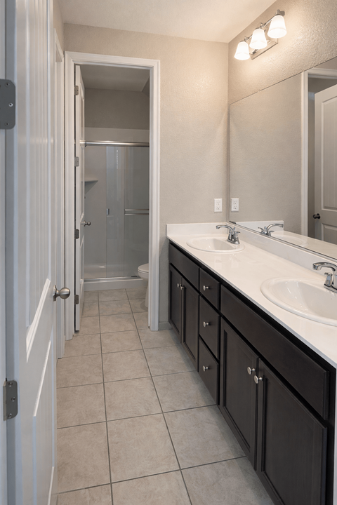 A bathroom with a sink, mirror, and shower.