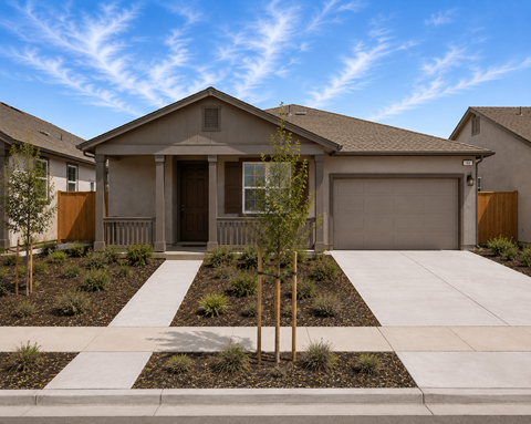 A modern house with a front yard and a driveway.