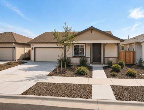 A house with a brown roof and a driveway in front.