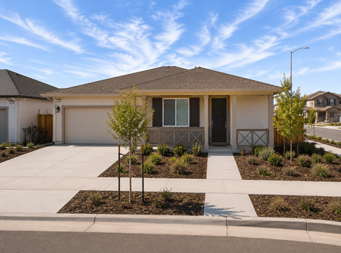 A house with a brown roof and a white garage door.