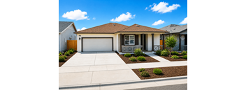 A house with a brown roof and a white garage door.
