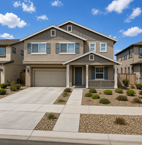A modern house with a garage and a driveway.