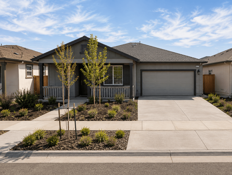 A house with a grey roof and a garage door.