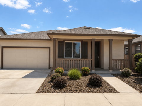 A house with a brown roof and a white garage door.