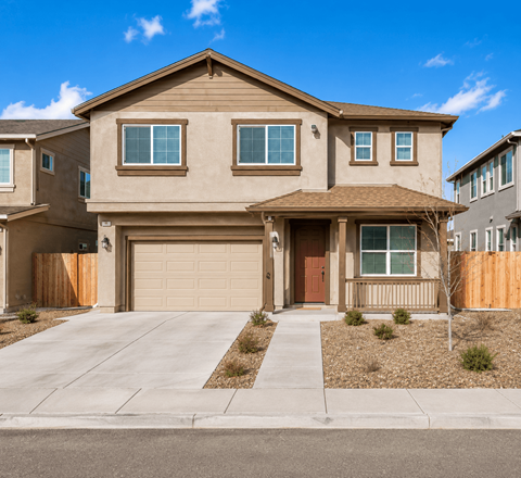 A beige house with a brown door and windows.