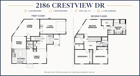 A drawing of a two-story house with a living room, dining room, kitchen, and four bedrooms.