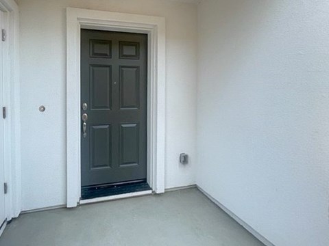 A dark grey door is in a white room.