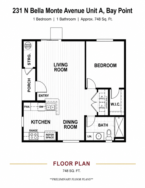 A floor plan for a one bedroom apartment at Bay Point.