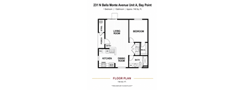 A floor plan for a one bedroom apartment at Bay Point.