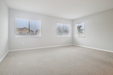 A room with carpeted floor and two windows.