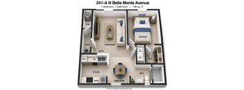 A diagram of a small apartment layout with a bedroom, living room, kitchen, and bathroom.